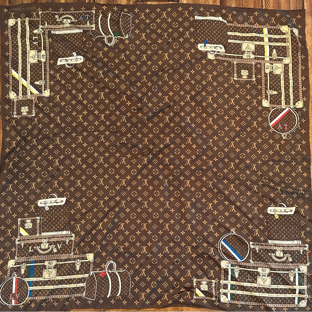 Louis Vuitton Brown and Tan Monogram Travel Motif Scarf